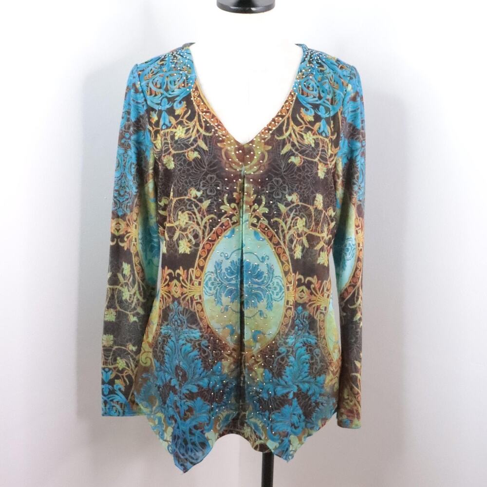 One World Women’s L Blue Brown Ornate Floral Chiffon Layer Rhinestone Tunic Top